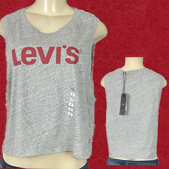 Levi's L Heather Gray Crew Neck Logo Name Graphic Cotton Sleeveless Crop Tee - Picture 1 of 6
